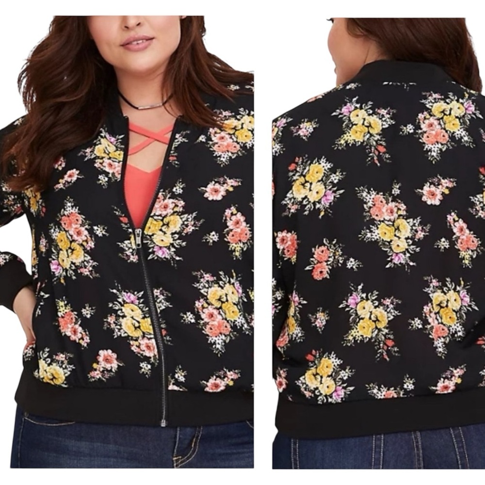 EUC Torrid Black Floral Crepe Bomber Jacket